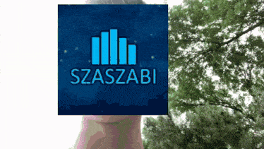 a person 's face is behind a blue sign that says szaszabi