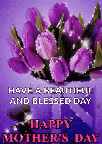 a happy mother 's day greeting card with purple flowers in a vase