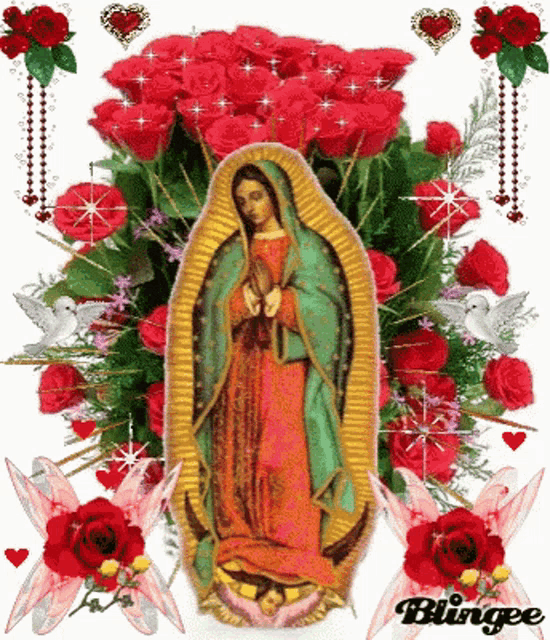 a picture of the virgin mary surrounded by red roses and hearts