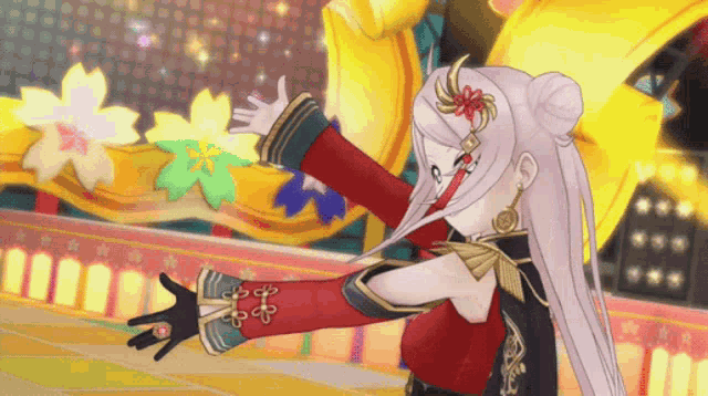 a cartoon character with white hair and a bun is dancing