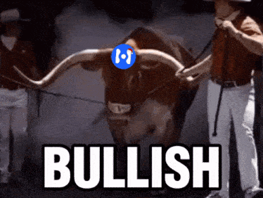 a bull with long horns is being pulled by two men with the word bullish written below it