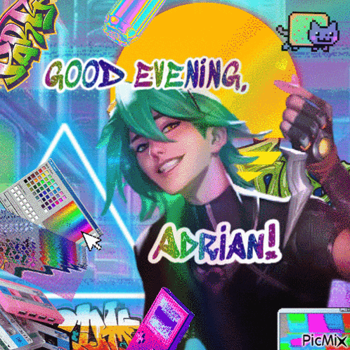 a girl with green hair and the words good evening adrian on the bottom