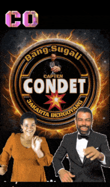 a man in a tuxedo and a woman in an orange dress are dancing in front of a condet logo