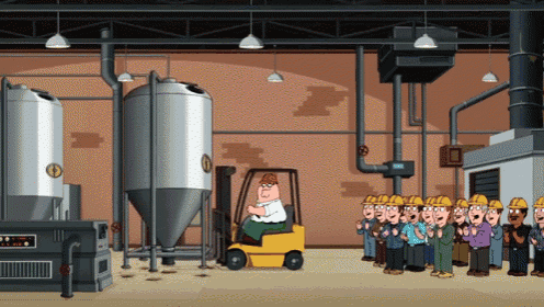 peter griffin drives a forklift in a factory
