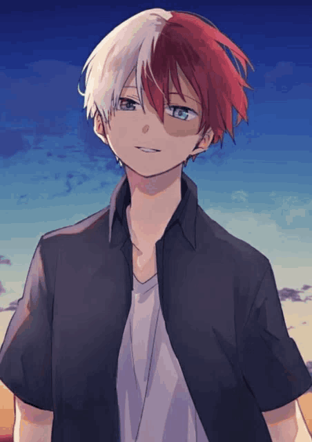 a boy with half red and half white hair is wearing a black shirt