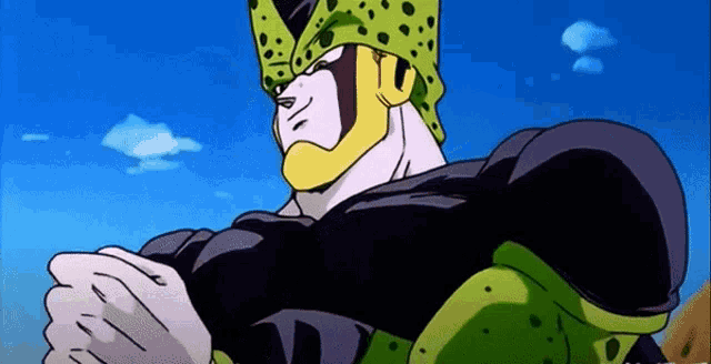 a cartoon character from dragon ball z is standing in front of a blue sky with clouds .
