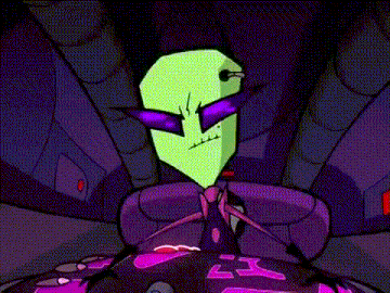a cartoon character with purple eyes and a green face is sitting in a purple room .