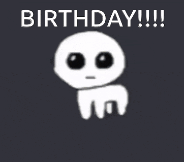a cartoon character with black eyes and the words `` birthday !!! '' written on it .
