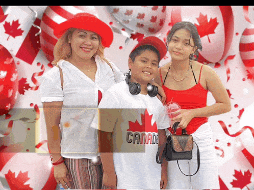 a group of people posing for a picture with the word canada in the middle