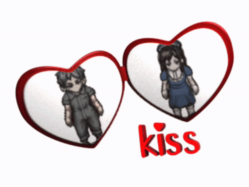 two hearts with a boy and a girl in them and the word kiss in red