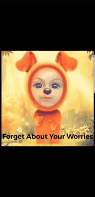 a picture of a baby wearing an orange bunny costume with the words " forget about your worries "