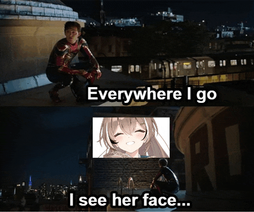 a man kneeling on a roof with the words everywhere i go i see her face on the bottom
