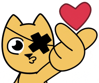 a cartoon cat with a black cross on its eye is holding a heart