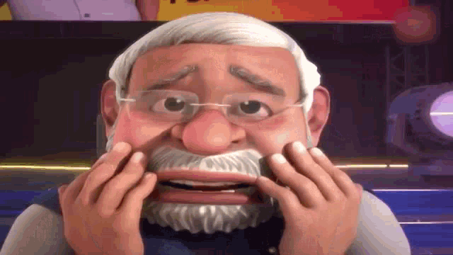 a cartoon of a man with glasses and a beard covering his mouth with his hands