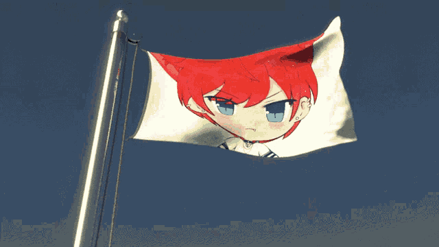 a flag with a picture of a red haired girl with blue eyes