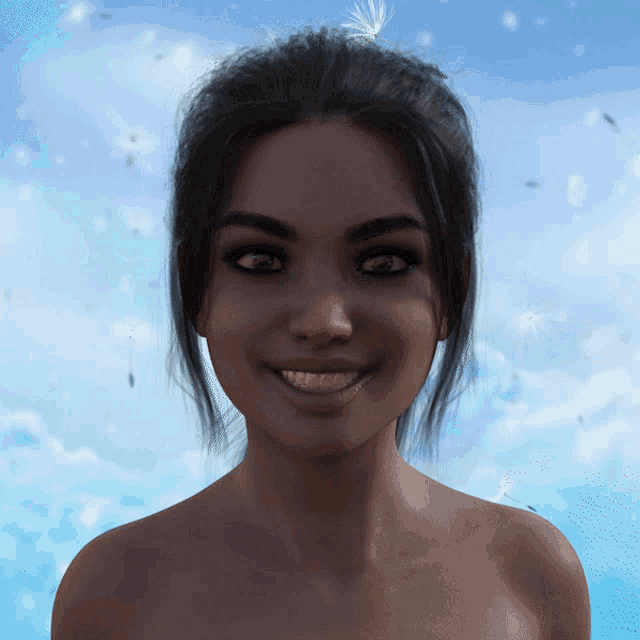 a woman with a ponytail is smiling with a blue sky in the background