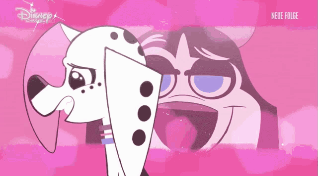 a dalmatian dog is on a pink background with a disney logo in the corner