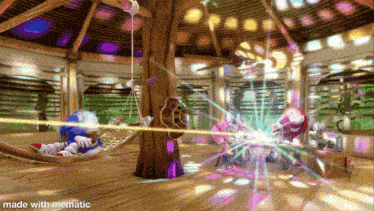 sonic the hedgehog is laying in a hammock in a room with a lot of lights