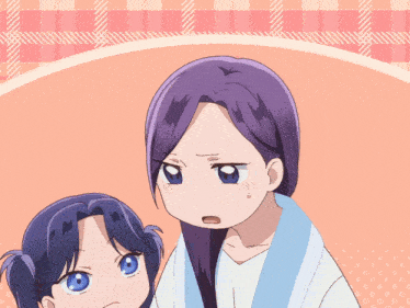 a woman with purple hair and blue eyes stands next to a little girl
