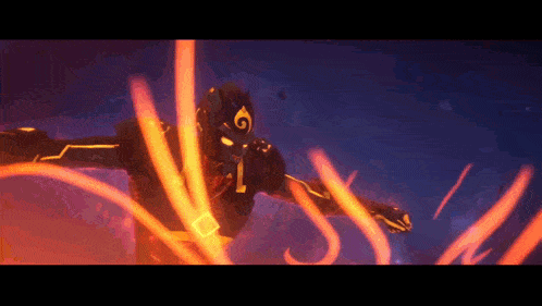 a video game character is surrounded by glowing lights