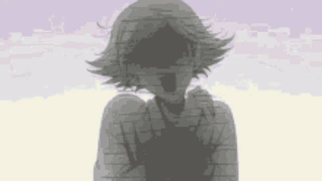 a silhouette of a girl with short hair standing in front of a cloudy sky .