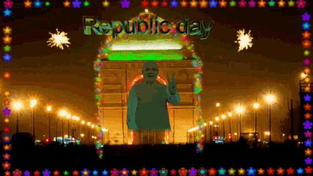 a pixelated image of a man giving a peace sign and the words republic day behind him