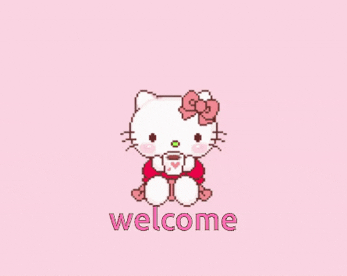 hello kitty sits on a pink background with the words welcome