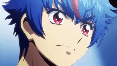 a close up of a anime character with blue hair and red eyes