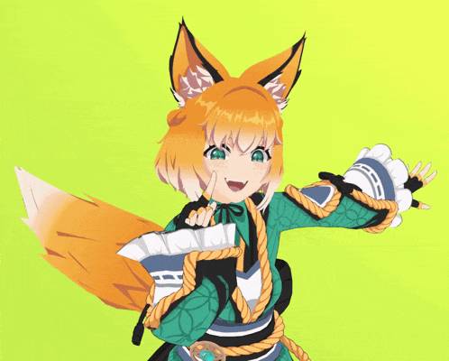 a girl with a fox 's tail is wearing a green and orange outfit