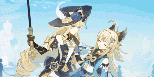 two anime characters are standing next to each other with one wearing a feathered hat
