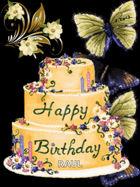a birthday cake with flowers and butterflies and the name raul on it
