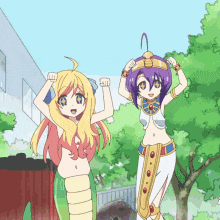 two anime girls are standing next to each other with their arms in the air