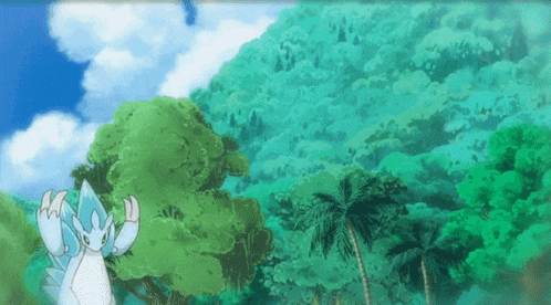 a cartoon drawing of a dragon in a forest with palm trees