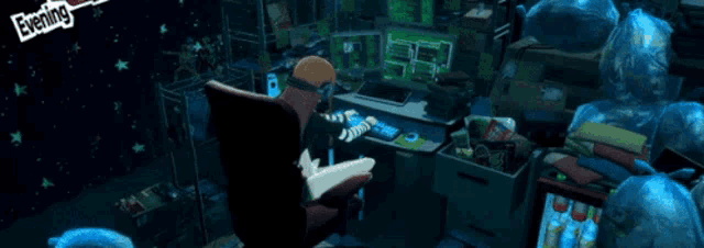 a person is sitting in front of a computer with a sign that says evening on it
