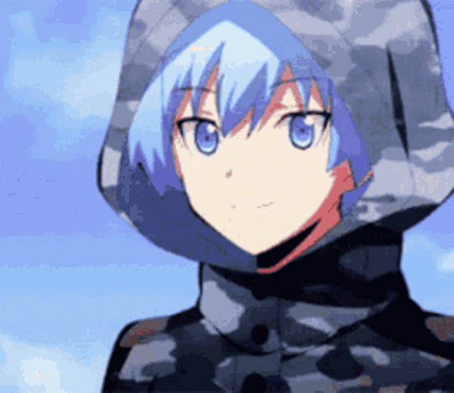 a blue haired anime character wearing a camouflage jacket and hood