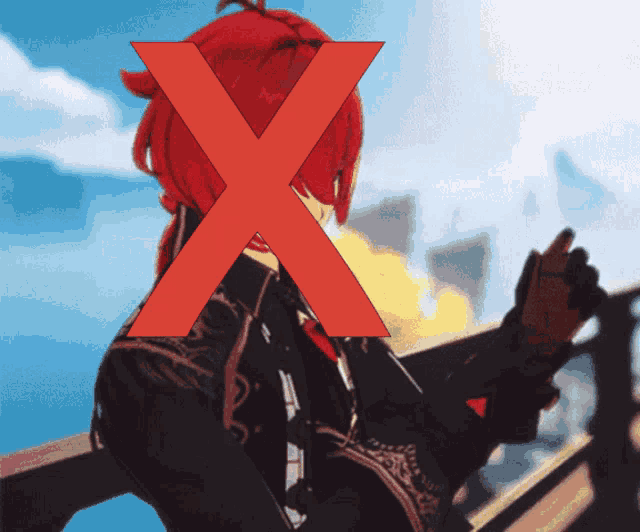 a red x is crossed over the face of a person with red hair
