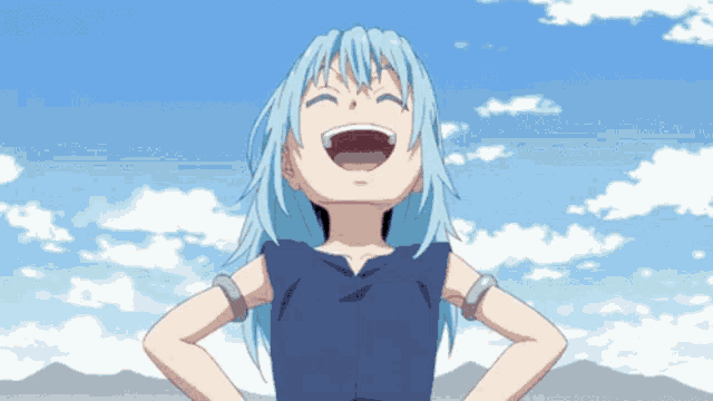 a cartoon character with blue hair is laughing with her mouth open