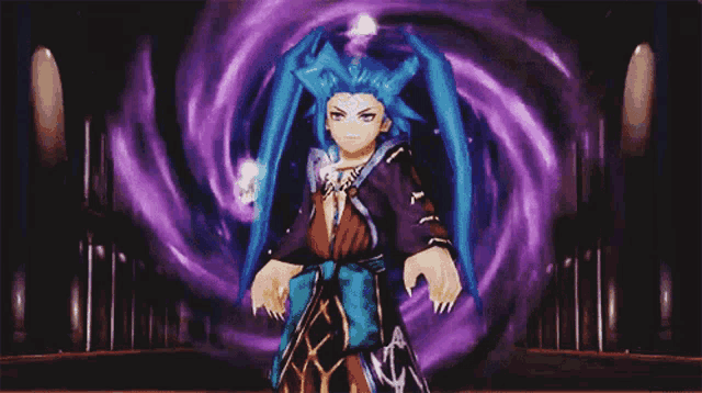a cartoon character with blue hair stands in front of a purple background