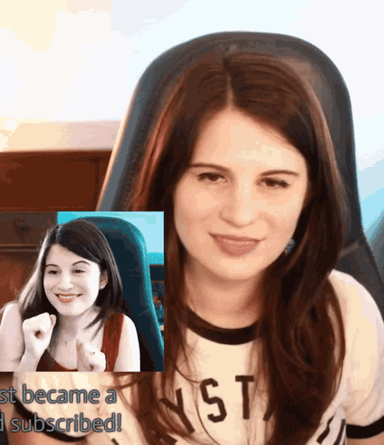 a girl sitting in a chair with the words " became a subscribed " on the bottom