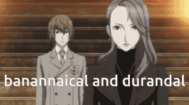 a man and a woman are standing next to each other and the words bananaical and durandal are visible