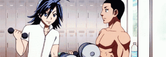 two anime characters are standing next to each other in a locker room . one of the characters is lifting a dumbbell .