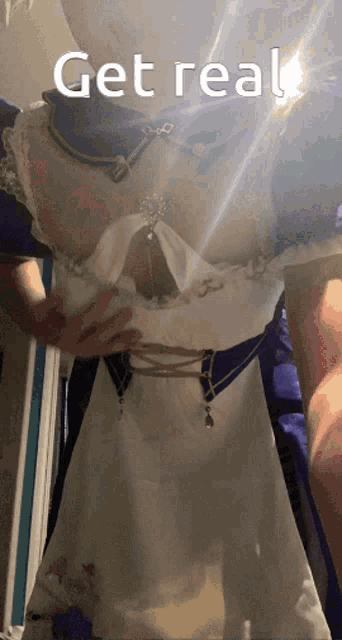 a woman in a white dress has the words get real written on the bottom