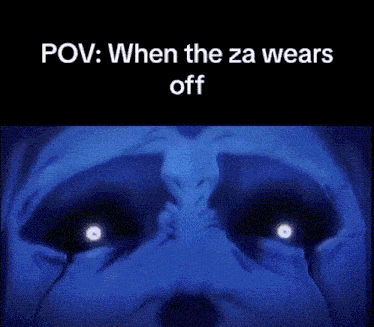 a close up of a person 's face with the words `` pov : when the za wears off '' written above it .