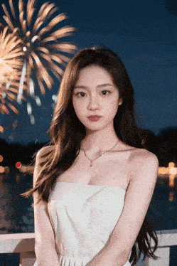 a woman stands in front of a fireworks display