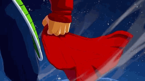 a pixel art of a person with a red cape flying through the air