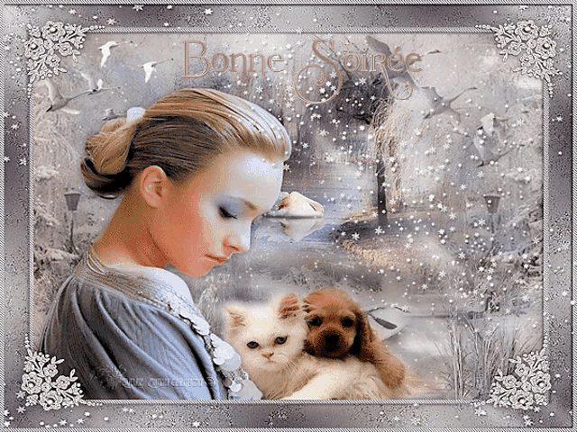 a picture of a woman holding a cat and a dog with the words bonne soirée above her