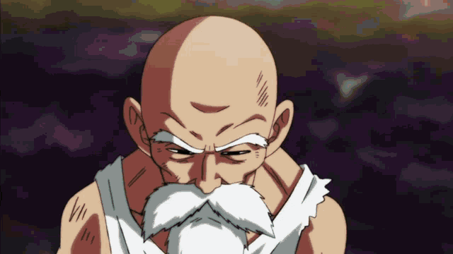 a bald man with a white beard and mustache looks down