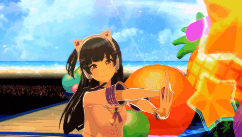 a girl wearing headphones and a cat ear headband is standing on a pier