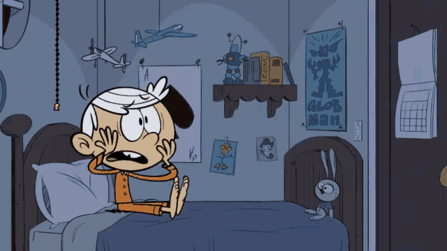 a cartoon character is sitting on a bed with a poster that says glob man