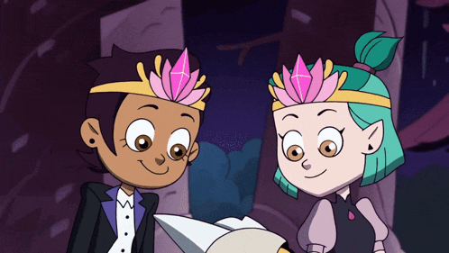 a couple of cartoon characters wearing crowns on their head